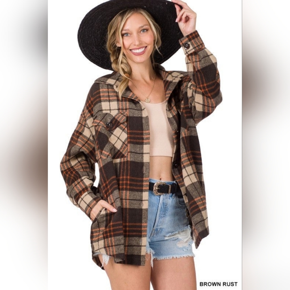 Zenana oversized brown & orange plaid button down shacket sz XL
